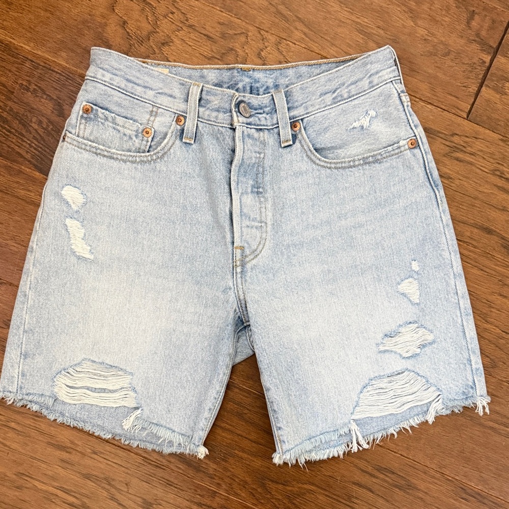 Levi Distressed Light Blue Denim Shorts